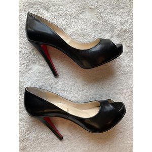 Christian Louboutin Sz.7.5/38 Black Leather Very Prive Peep Toe Platform Pumps